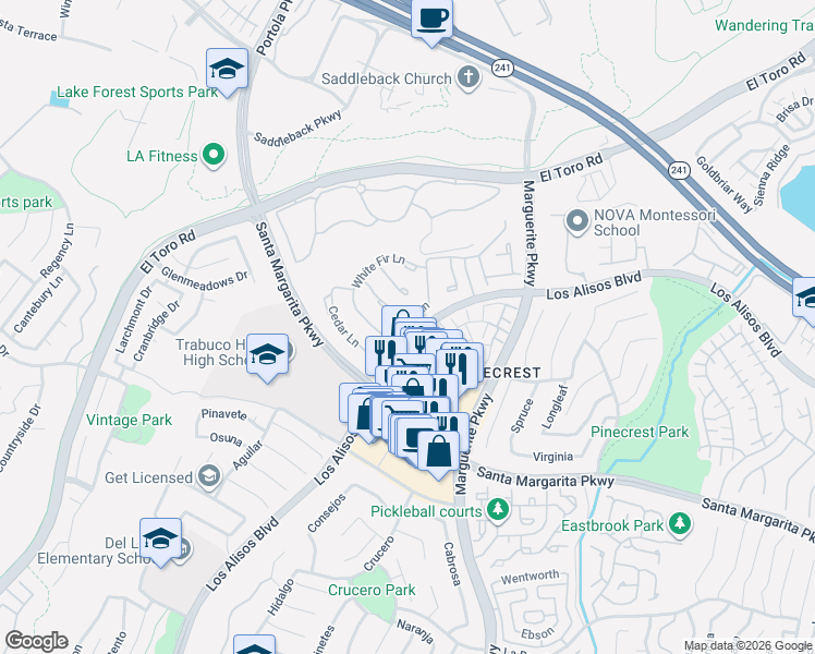 map of restaurants, bars, coffee shops, grocery stores, and more near 27606 Sweetbrier Lane in Mission Viejo