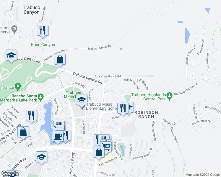 map of restaurants, bars, coffee shops, grocery stores, and more near 31885 Old Oak Road in Trabuco Canyon