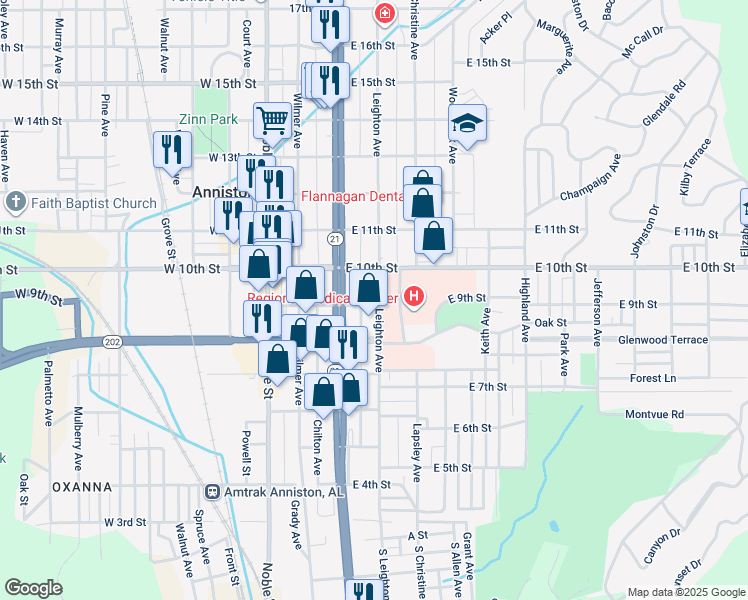 map of restaurants, bars, coffee shops, grocery stores, and more near 900 Leighton Avenue in Anniston