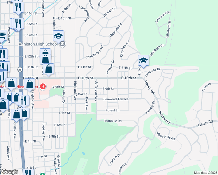 map of restaurants, bars, coffee shops, grocery stores, and more near 1310 East 9th Street in Anniston