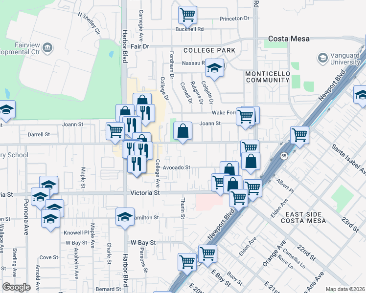 map of restaurants, bars, coffee shops, grocery stores, and more near 357 West Wilson Street in Costa Mesa