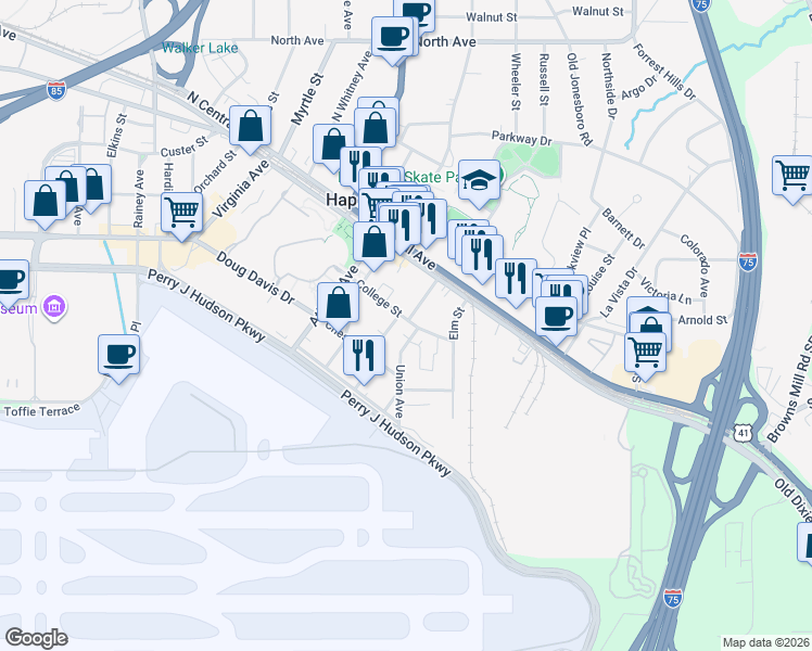 map of restaurants, bars, coffee shops, grocery stores, and more near 600 College Street in Hapeville