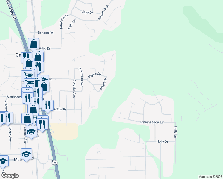 map of restaurants, bars, coffee shops, grocery stores, and more near 411 Albert Drive in Gardendale