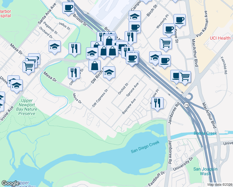 map of restaurants, bars, coffee shops, grocery stores, and more near 20261 Orchid Street in Newport Beach