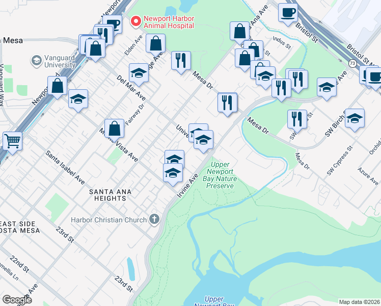 map of restaurants, bars, coffee shops, grocery stores, and more near 2580 Willo Lane in Costa Mesa