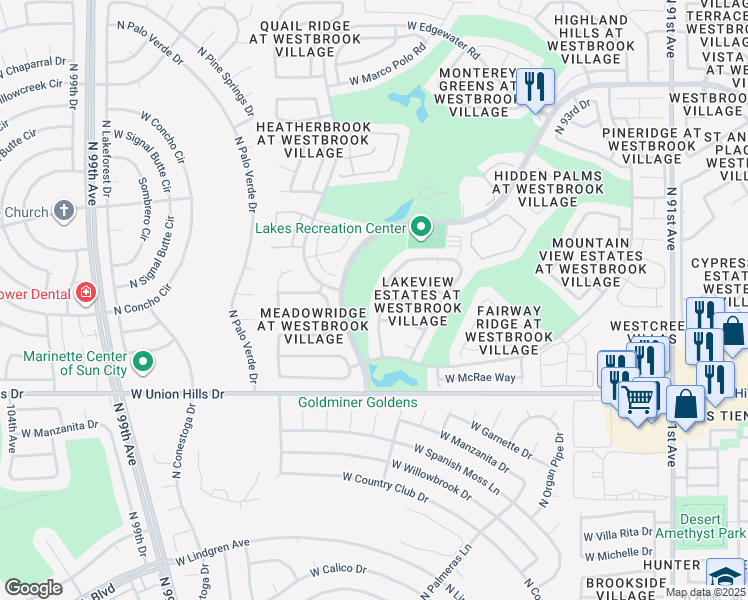 map of restaurants, bars, coffee shops, grocery stores, and more near 18866 North 96th Lane in Peoria