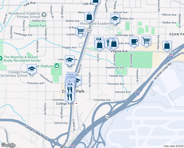 map of restaurants, bars, coffee shops, grocery stores, and more near 1736 Temple Avenue in Atlanta