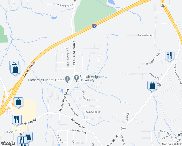 map of restaurants, bars, coffee shops, grocery stores, and more near 3539 Oakshire Way Southeast in Atlanta