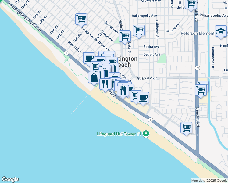 map of restaurants, bars, coffee shops, grocery stores, and more near 114 California 1 in Huntington Beach