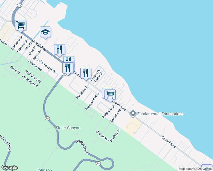 map of restaurants, bars, coffee shops, grocery stores, and more near 15980 Grand Avenue in Lake Elsinore