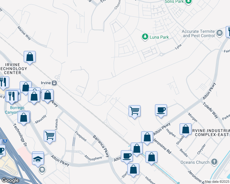 map of restaurants, bars, coffee shops, grocery stores, and more near 7453-8499 Marine Way in Irvine