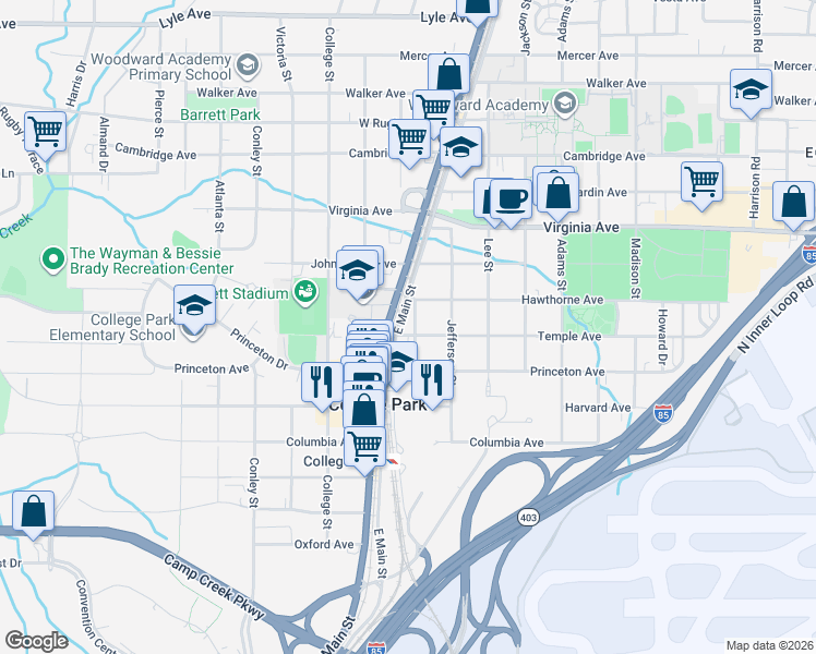 map of restaurants, bars, coffee shops, grocery stores, and more near 3631 Washington Street in College Park