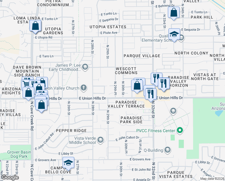 map of restaurants, bars, coffee shops, grocery stores, and more near 18611 North 28th Way in Phoenix