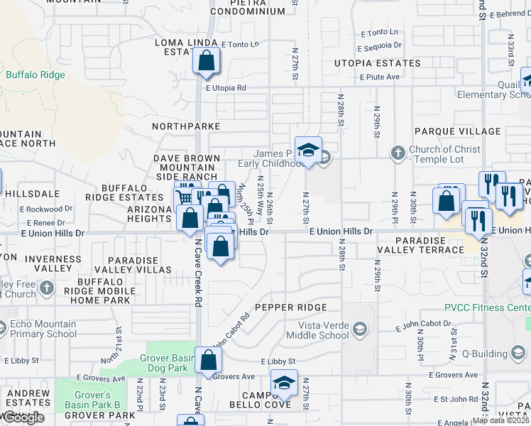 map of restaurants, bars, coffee shops, grocery stores, and more near 2535 East Jason Drive in Phoenix