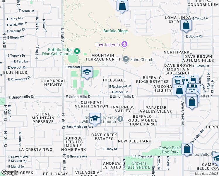 map of restaurants, bars, coffee shops, grocery stores, and more near 1940 East Renee Drive in Phoenix
