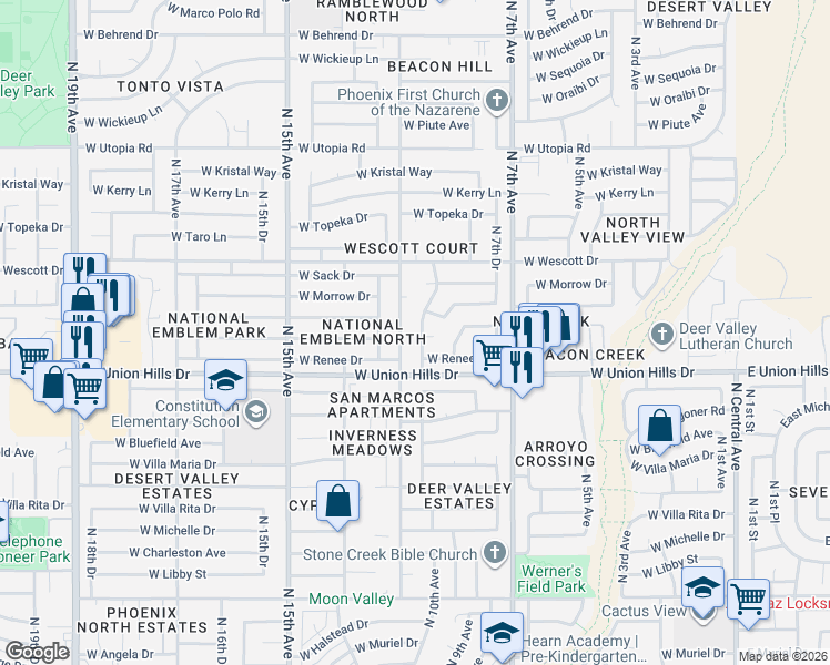map of restaurants, bars, coffee shops, grocery stores, and more near 1111 West Rockwood Circle in Phoenix