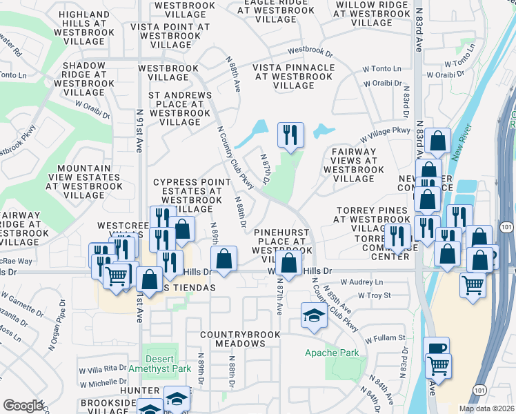 map of restaurants, bars, coffee shops, grocery stores, and more near 8823 West Kimberly Way in Peoria