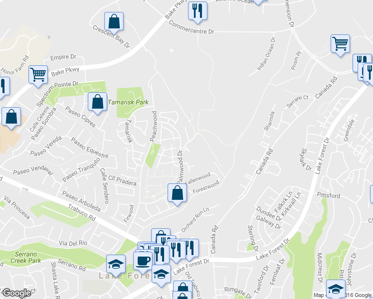 map of restaurants, bars, coffee shops, grocery stores, and more near 21222 Camelia in Lake Forest
