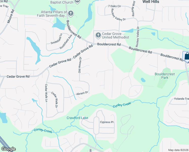 map of restaurants, bars, coffee shops, grocery stores, and more near 2160 Cedar Valley Way in Conley