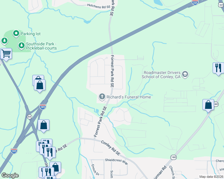 map of restaurants, bars, coffee shops, grocery stores, and more near 3501 Oakshire Way Southeast in Atlanta