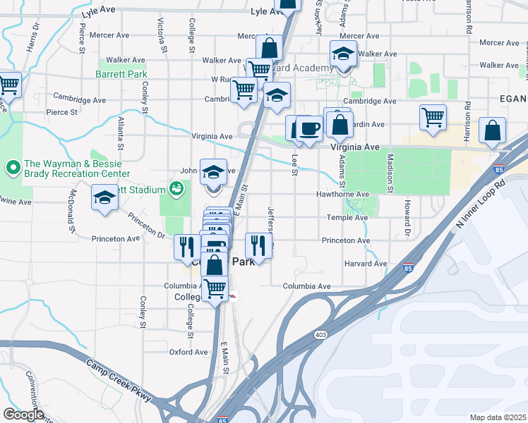 map of restaurants, bars, coffee shops, grocery stores, and more near 1770 Temple Avenue in College Park