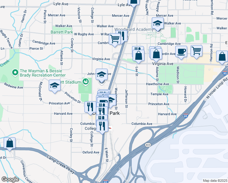 map of restaurants, bars, coffee shops, grocery stores, and more near 3652 Main Street in Atlanta