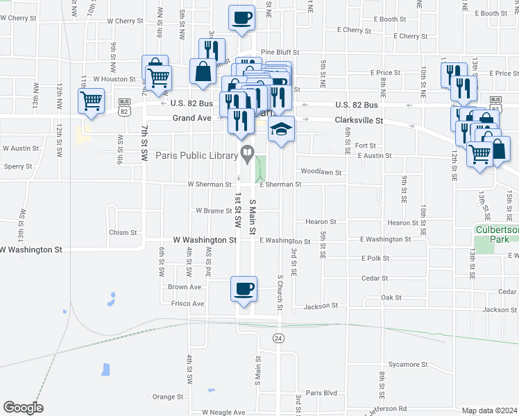 map of restaurants, bars, coffee shops, grocery stores, and more near 621 South Main Street in Paris