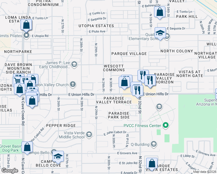map of restaurants, bars, coffee shops, grocery stores, and more near 2940 East Union Hills Drive in Phoenix