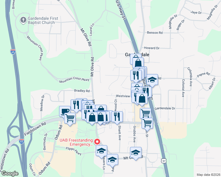 map of restaurants, bars, coffee shops, grocery stores, and more near 424 Westview Road in Gardendale