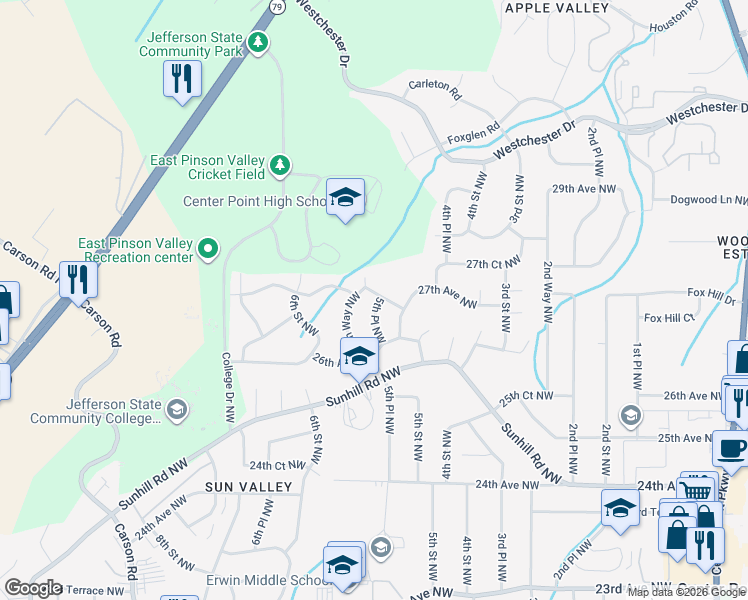 map of restaurants, bars, coffee shops, grocery stores, and more near 513 27th Avenue Northwest in Center Point