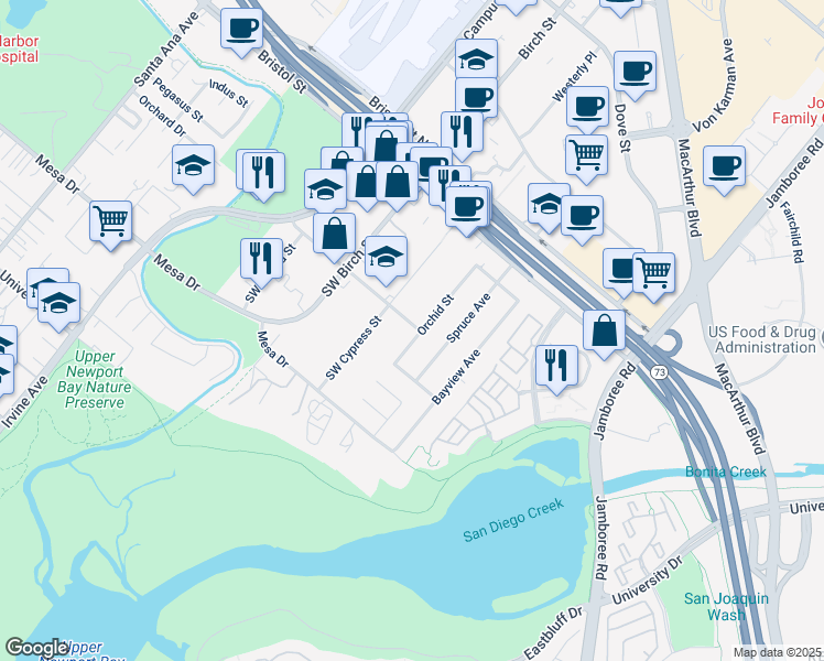 map of restaurants, bars, coffee shops, grocery stores, and more near 20261 Orchid Street in Newport Beach