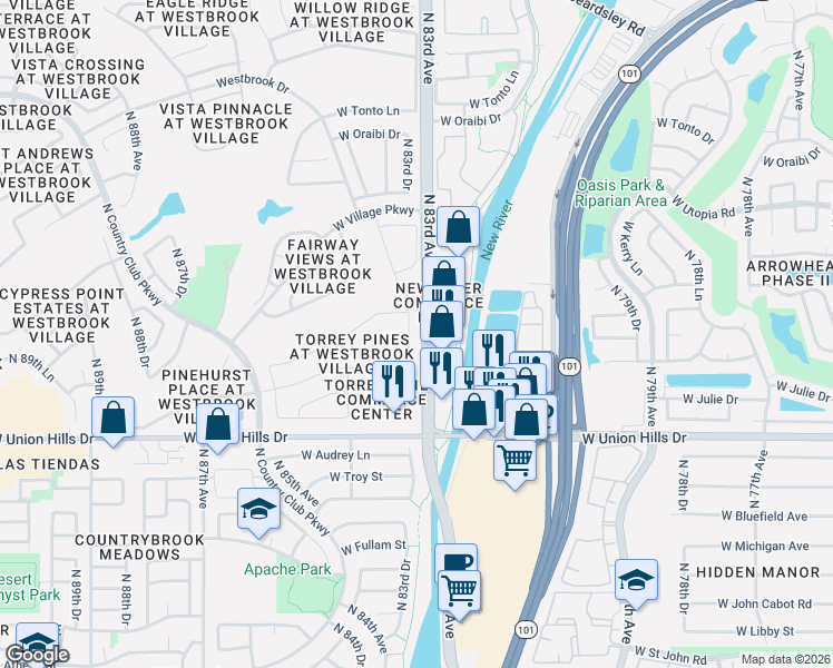 map of restaurants, bars, coffee shops, grocery stores, and more near 18913 North 83rd Avenue in Peoria