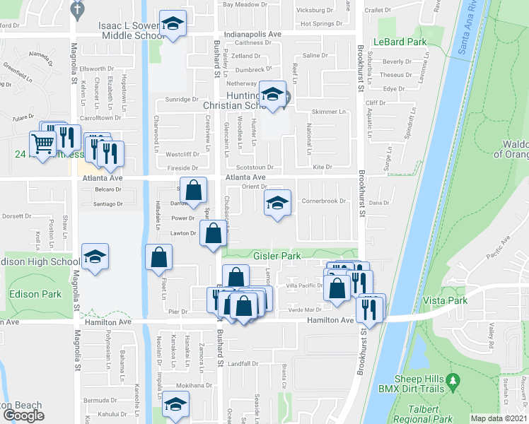map of restaurants, bars, coffee shops, grocery stores, and more near 21121 Indigo Circle in Huntington Beach