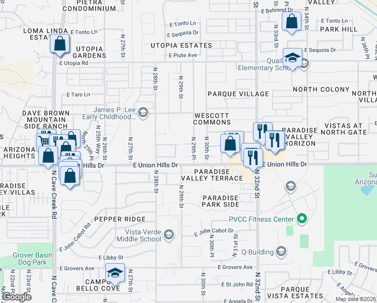map of restaurants, bars, coffee shops, grocery stores, and more near 18611 North 28th Way in Phoenix