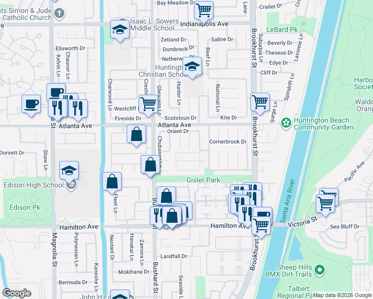 map of restaurants, bars, coffee shops, grocery stores, and more near 21121 Indigo Circle in Huntington Beach