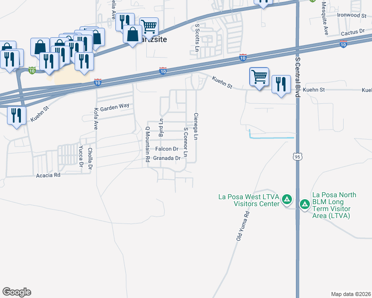 map of restaurants, bars, coffee shops, grocery stores, and more near 858 South Connor Lane in Quartzsite