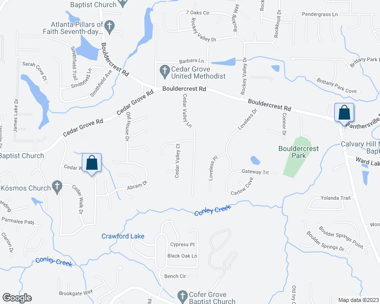 map of restaurants, bars, coffee shops, grocery stores, and more near 4239 Cedar Valley Lane in Conley