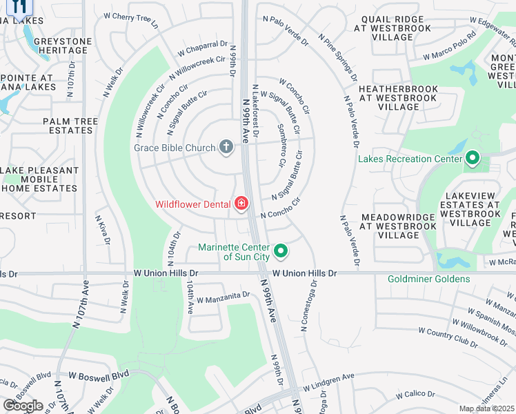 map of restaurants, bars, coffee shops, grocery stores, and more near 18834 North Lakeforest Drive in Sun City
