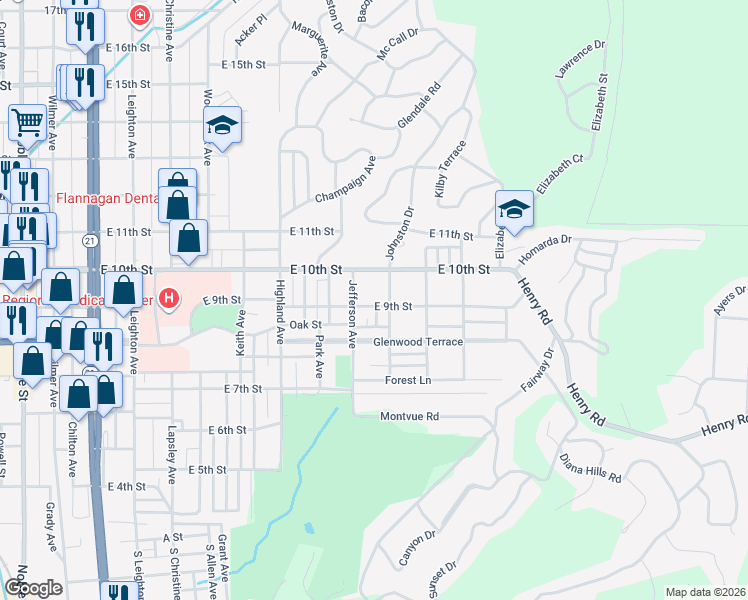 map of restaurants, bars, coffee shops, grocery stores, and more near 1114 East 9th Street in Anniston
