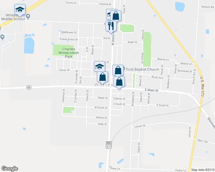 map of restaurants, bars, coffee shops, grocery stores, and more near 113 West Main Street in Whitesboro