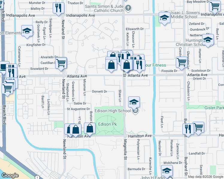 map of restaurants, bars, coffee shops, grocery stores, and more near 8871 Dorsett Drive in Huntington Beach