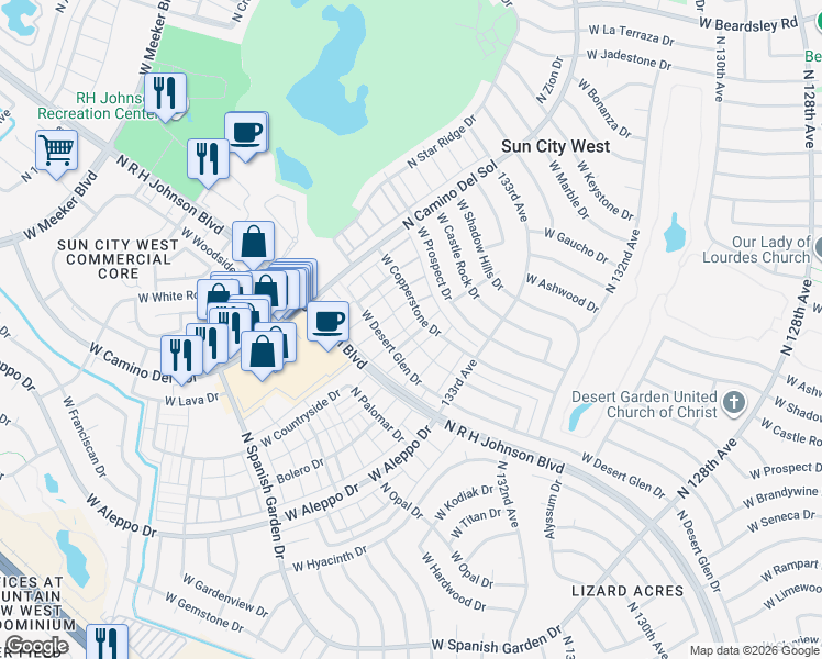 map of restaurants, bars, coffee shops, grocery stores, and more near 18819 North 134th Avenue in Sun City West