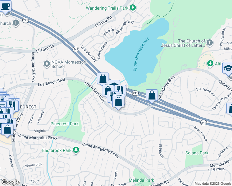 map of restaurants, bars, coffee shops, grocery stores, and more near 85 Hideaway Loop in Mission Viejo