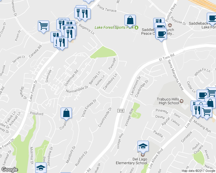 map of restaurants, bars, coffee shops, grocery stores, and more near 21086 Cantebury Lane in Lake Forest