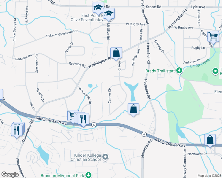 map of restaurants, bars, coffee shops, grocery stores, and more near 3666 Calmer Circle in East Point