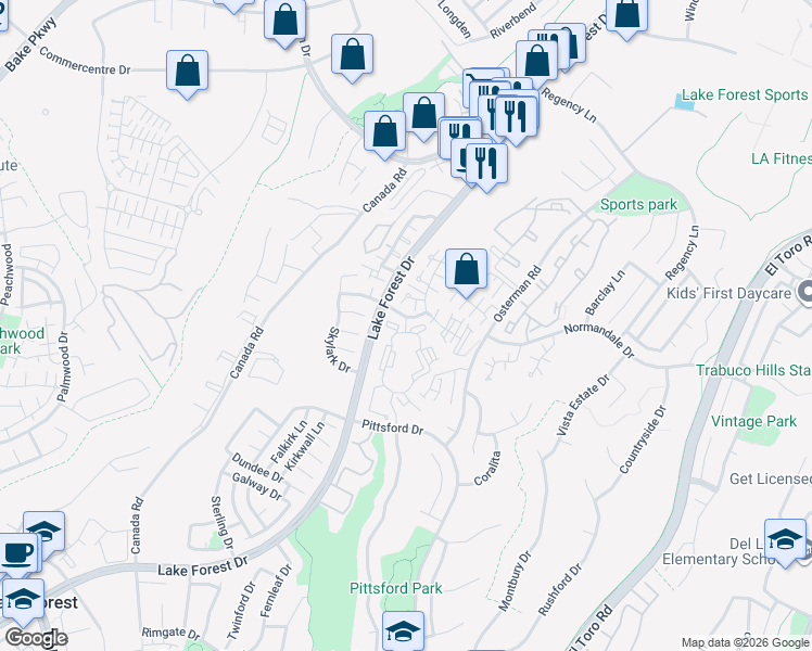 map of restaurants, bars, coffee shops, grocery stores, and more near 9 Vintage Woods Road in Lake Forest