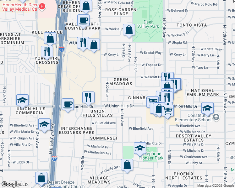 map of restaurants, bars, coffee shops, grocery stores, and more near 2102 West McRae Way in Phoenix