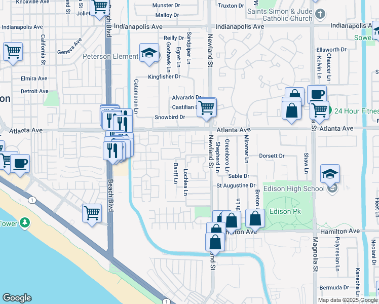 map of restaurants, bars, coffee shops, grocery stores, and more near 8451 Jenny Drive in Huntington Beach