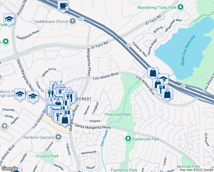 map of restaurants, bars, coffee shops, grocery stores, and more near 21096 Ponderosa in Mission Viejo