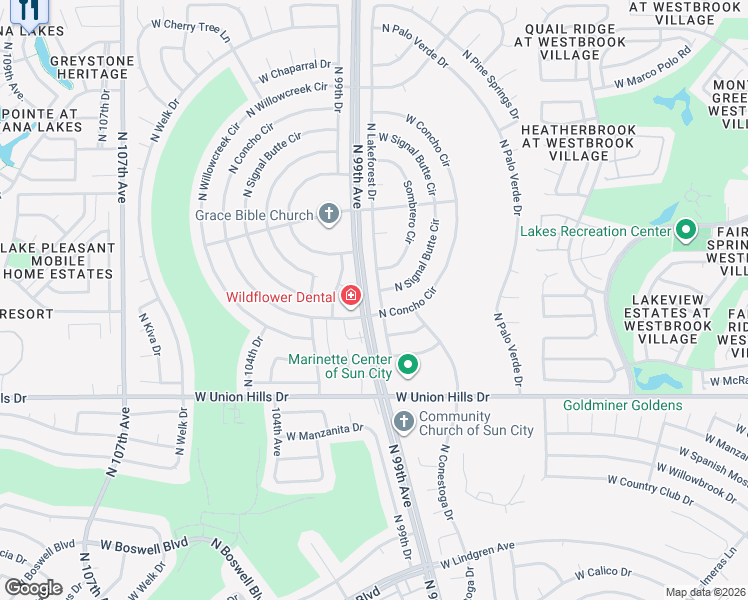 map of restaurants, bars, coffee shops, grocery stores, and more near 18834 North Lakeforest Drive in Sun City